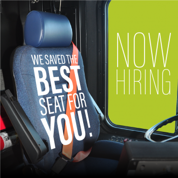 Photo of bus driver seat with the the superimposed words, We saved the BEST seat for YOU!. Now Hiring.