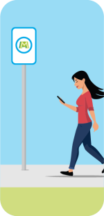 Illustration of a woman walking to a Microtransit stop while looking at her mobile phone