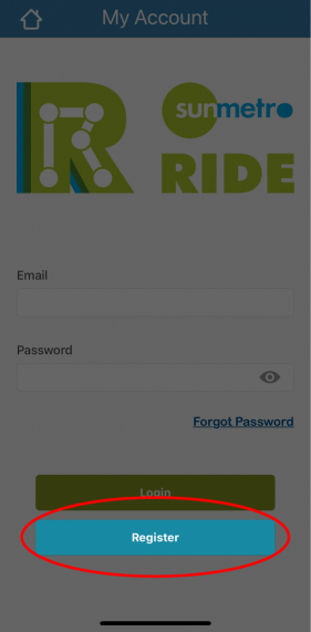Screenshot of Ride Sun Metro app highlighting Register button